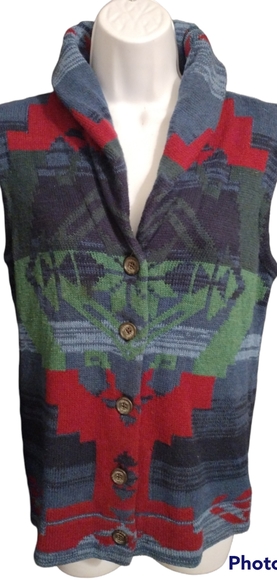 Chaps Denim Jackets & Blazers - Chaps Denim green blue and red Aztec print button down sweater  vest siz…